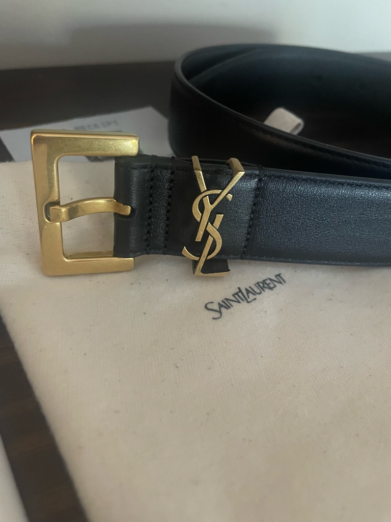 Saint Laurent Black Leather Belt With Gold Ysl Accent